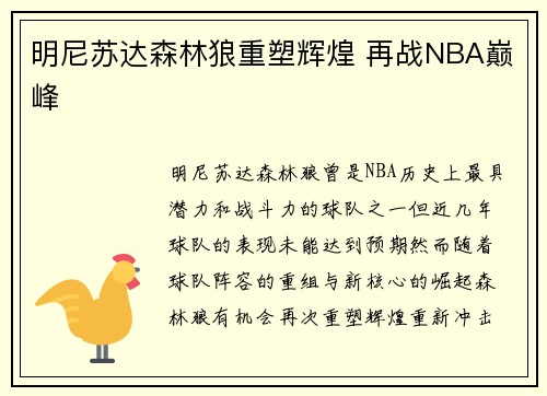 明尼苏达森林狼重塑辉煌 再战NBA巅峰
